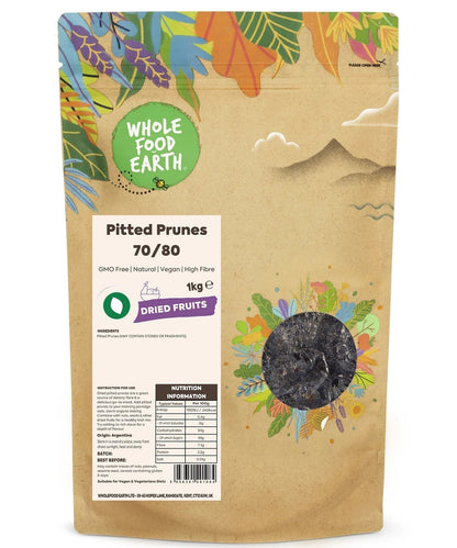 Pitted medium-sized prunes from Whole Food Earth, dried fruits with smooth pits, GMO-free, displayed in a clear container.