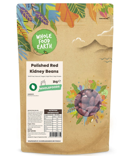 Whole Food Earth red kidney beans, GMO-free, polished beans in a clear container, ideal for cooking and healthy meals.
