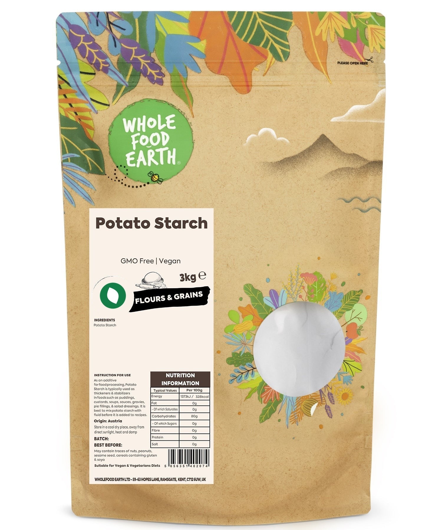 Whole Food Earth potato starch in a bag, gluten-free, vegan friendly, GMO-free flour perfect for baking and cooking.