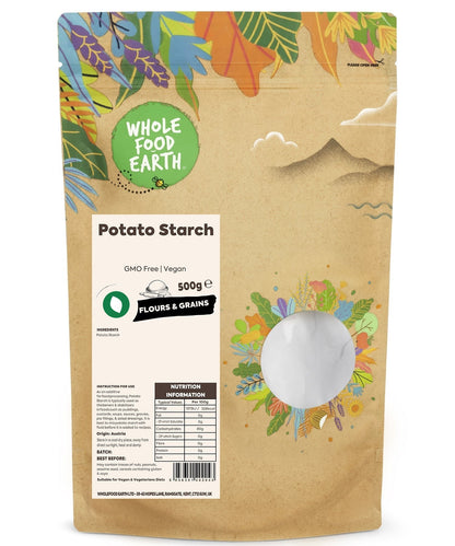 Whole Food Earth potato starch in a bag, GMO-free, vegan, and dairy-free flour, with a white and green packaging design.