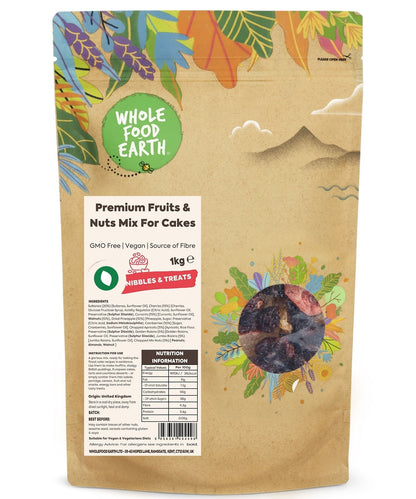 Whole Food Earth premium fruits and nuts mix for cakes, featuring colorful dried fruits and crunchy mixed nuts in a natural display.
