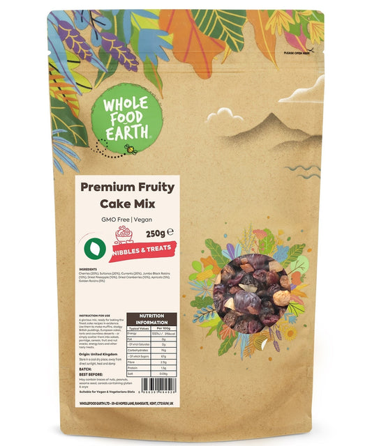 Whole Food Earth Premium Fruity Cake Mix in a colorful box, showcasing fresh fruit ingredients and natural, GMO-free baking mix.