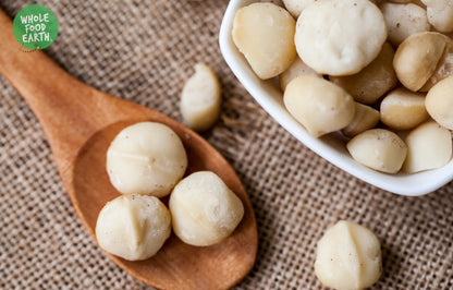 Whole Food Earth raw macadamias, large premium grade whole nuts, GMO-free, natural, vegan, dairy-free, no added sugar.