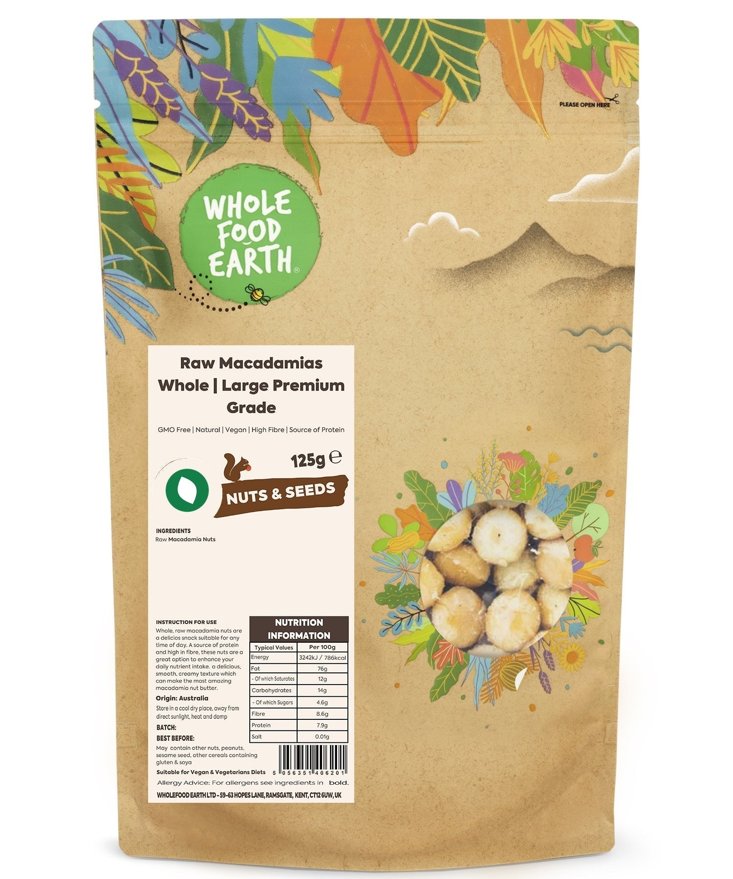 Whole Food Earth raw macadamias, large whole premium grade nuts, showing their light brown shells and smooth, rounded surfaces.