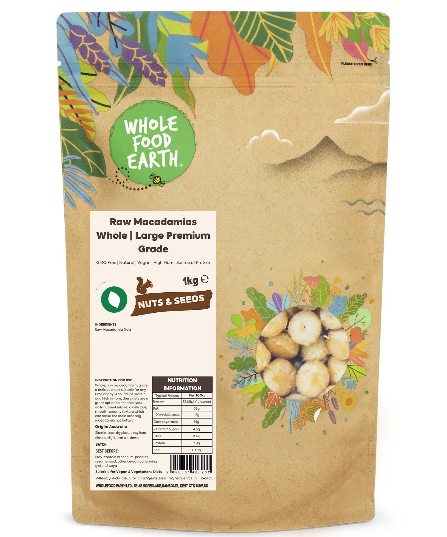 Whole Food Earth raw macadamias, large premium grade whole nuts, displayed in a close-up shot showing their creamy, textured shells and nuts.