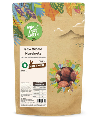 Raw whole hazelnuts from Whole Food Earth, natural and GMO-free, shown in a close-up image of the nuts in their shells.