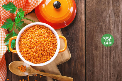 Red split lentils from Whole Food Earth, natural and vegan beans suitable for cooking and healthy meals.
