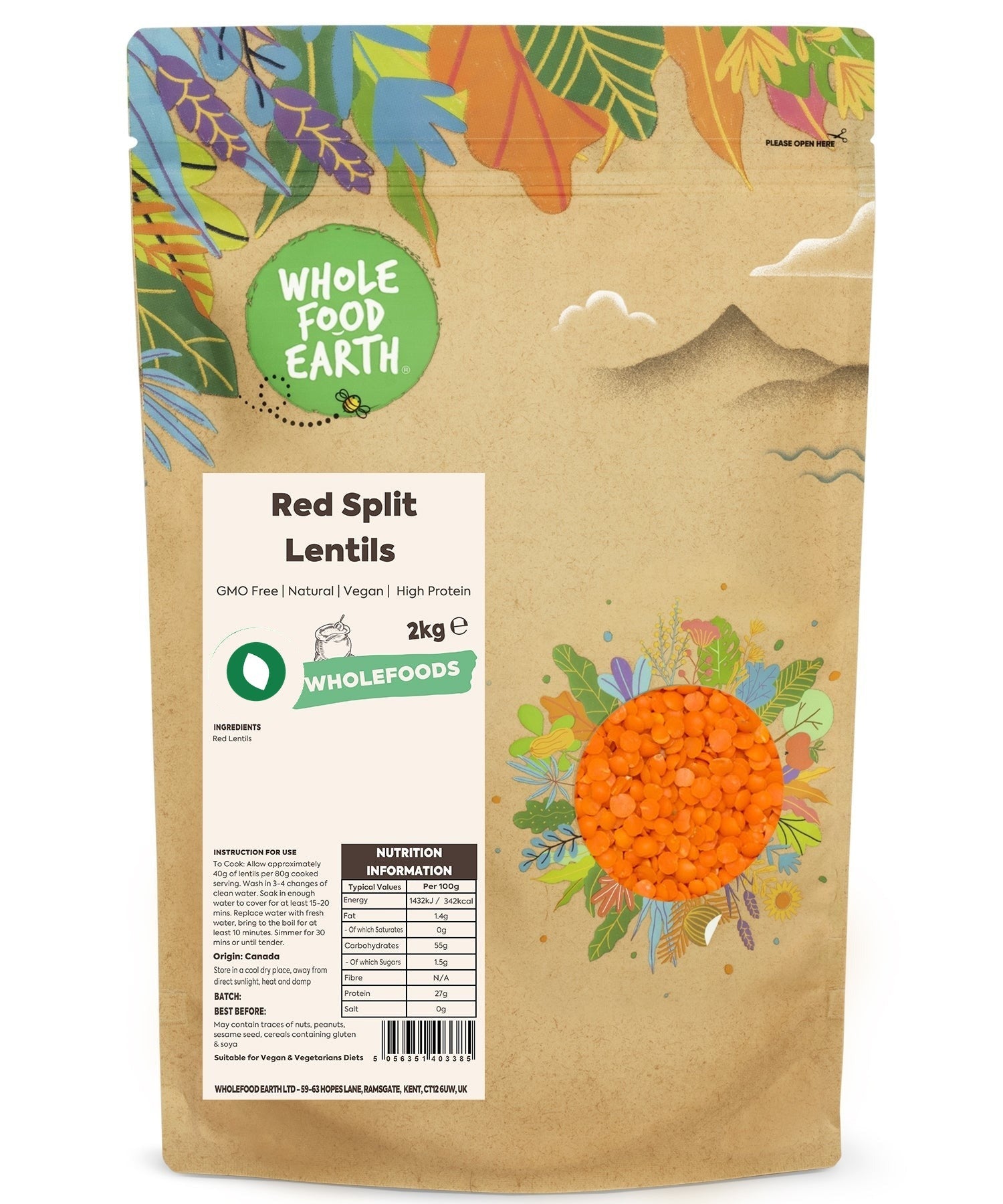 Red split lentils from Whole Food Earth, organic beans and pulses, showing vibrant, natural red lentils in a close-up shot.