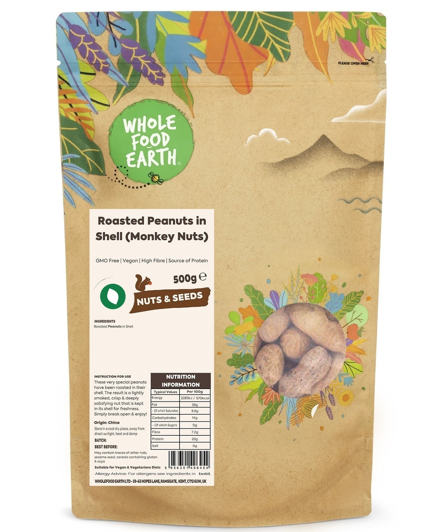 Whole Food Earth roasted peanuts in shell, monkey nuts, showing golden-brown shells and textured surface, fresh and ready to eat.