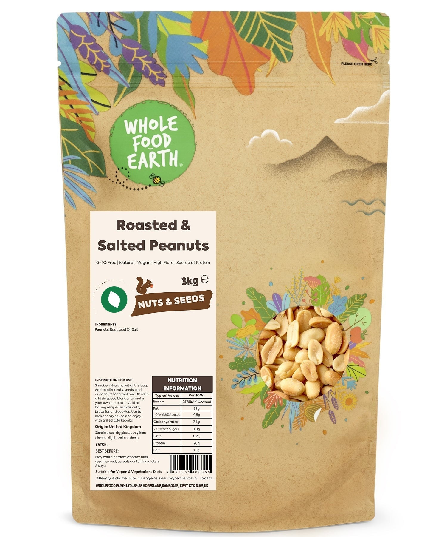 Roasted and salted Whole Food Earth GMO-free peanuts in a bowl, showcasing the nuts' golden-brown color and crunchy texture.