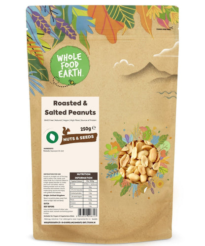Whole Food Earth roasted salted peanuts in a bowl, showcasing GMO-free nuts with a golden-brown, salted appearance.