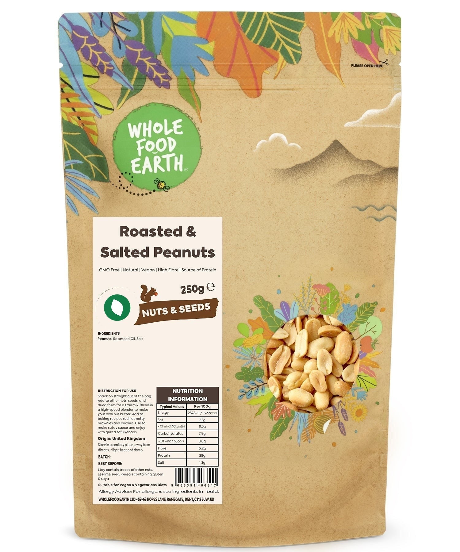 Roasted and salted Whole Food Earth peanuts, GMO-free, in a close-up image showing the crunchy, golden-brown nuts.