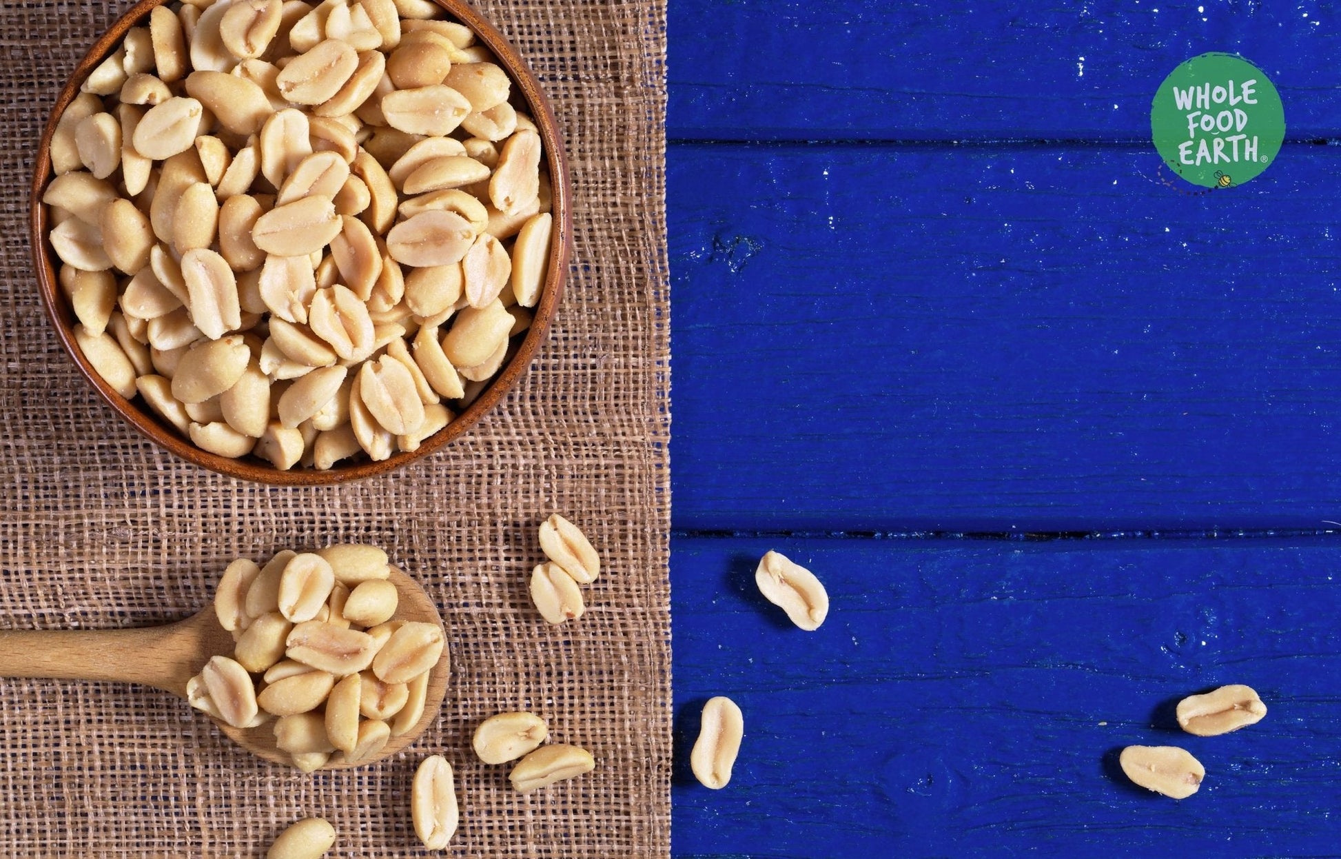 Bowl of roasted and salted peanuts from Whole Food Earth, GMO-free, vegan, and natural nuts and seeds snack.