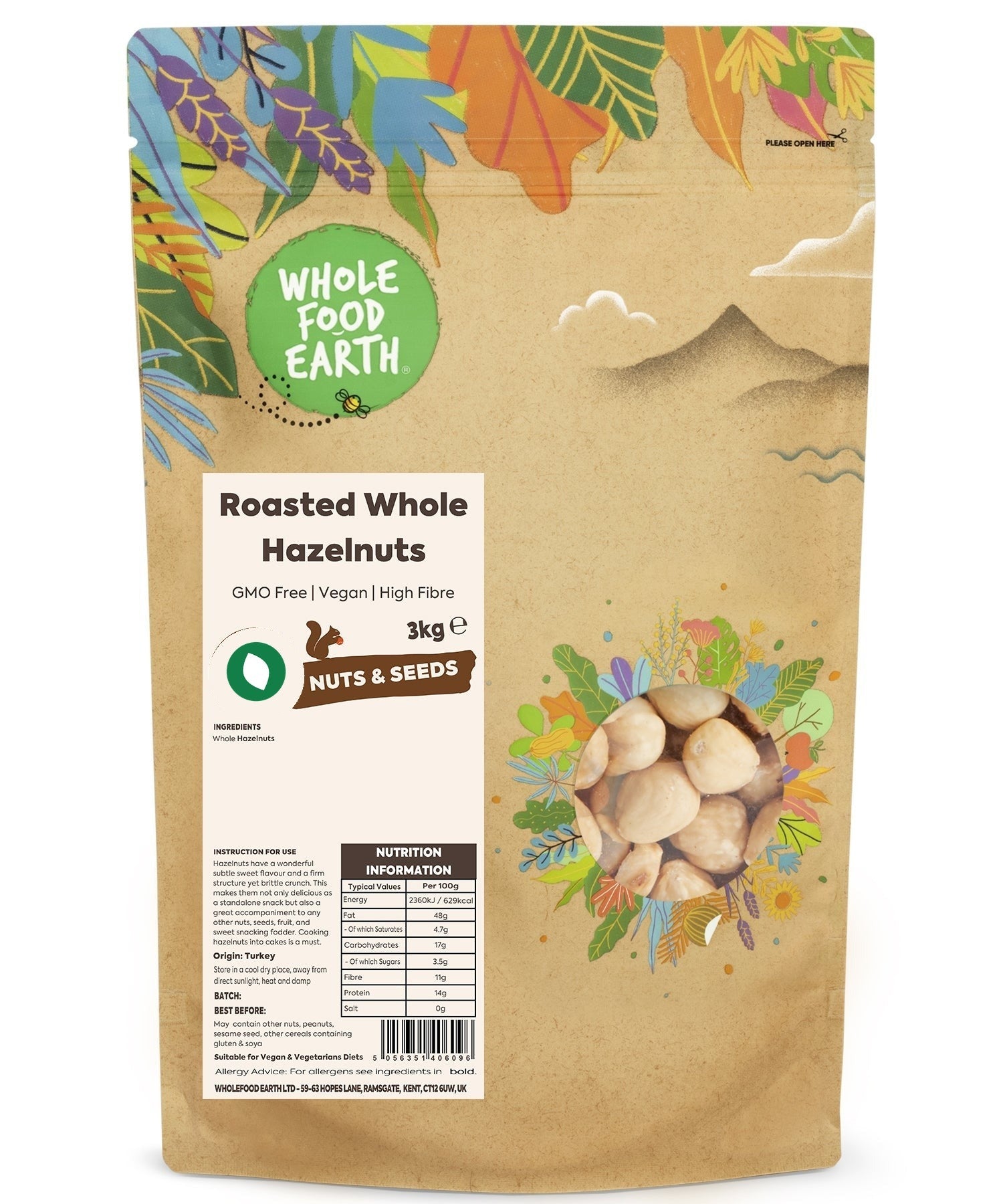 Roasted Whole Hazel Nuts from Whole Food Earth, GMO-free nuts and seeds product, showing whole, roasted hazelnuts in a bowl