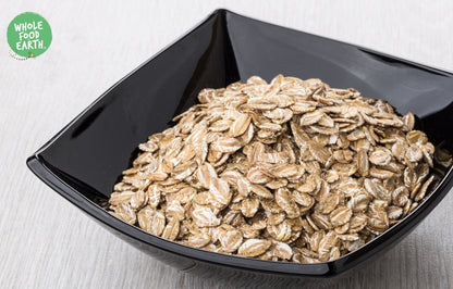 Whole Food Earth rye flakes in a bowl, showcasing GMO-free, vegan, dairy-free, and no-added-sugar speciality cereal