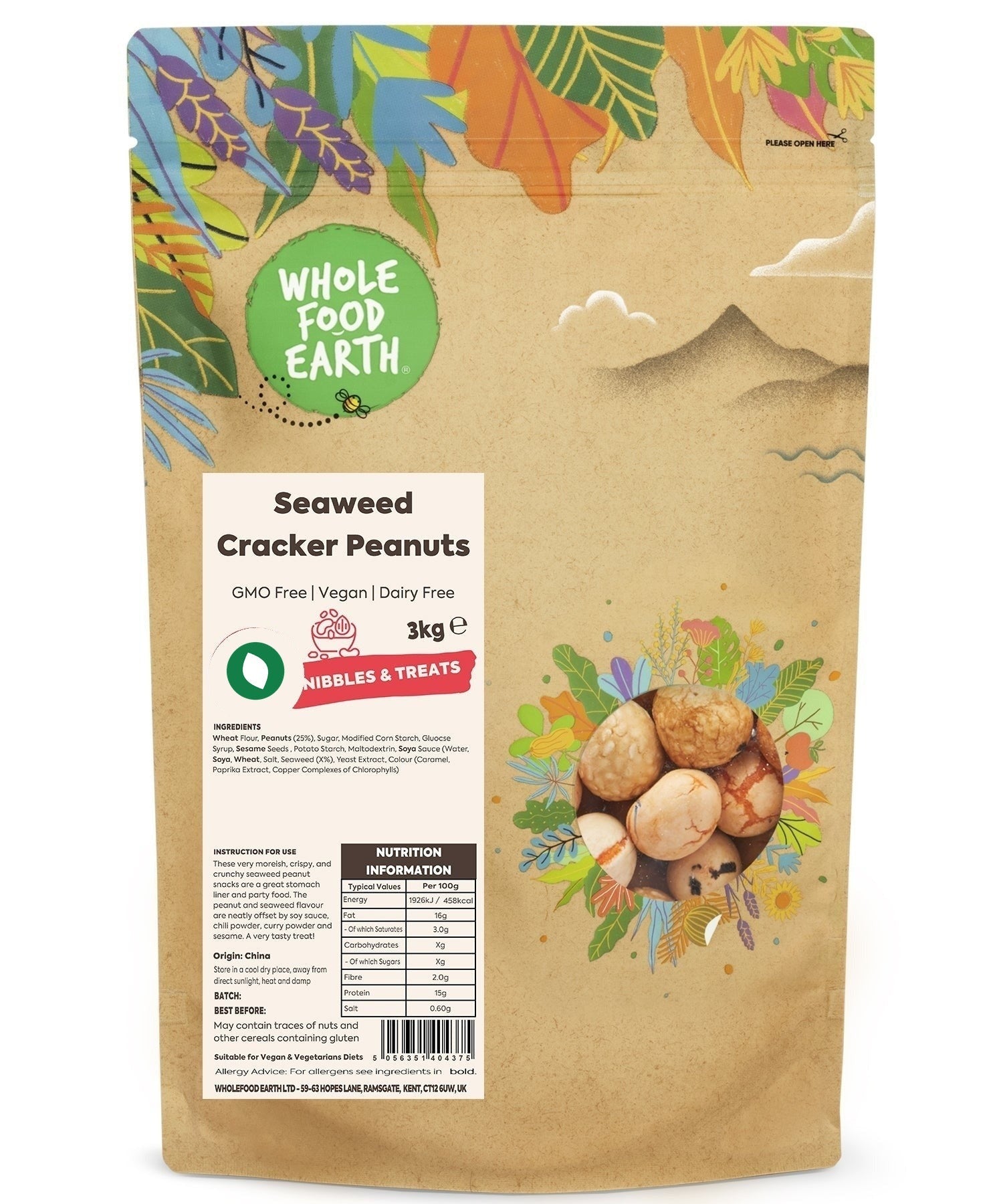 GMO-free Seaweed Cracker Peanuts by Whole Food Earth, showing a bowl of crunchy peanuts flavored with seaweed.