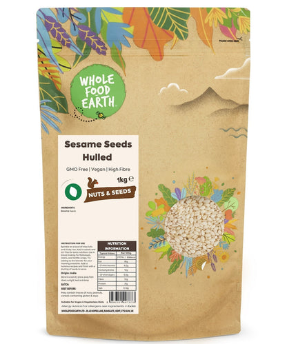 Hulled sesame seeds from Whole Food Earth, showing small, light-colored seeds on a white background.
