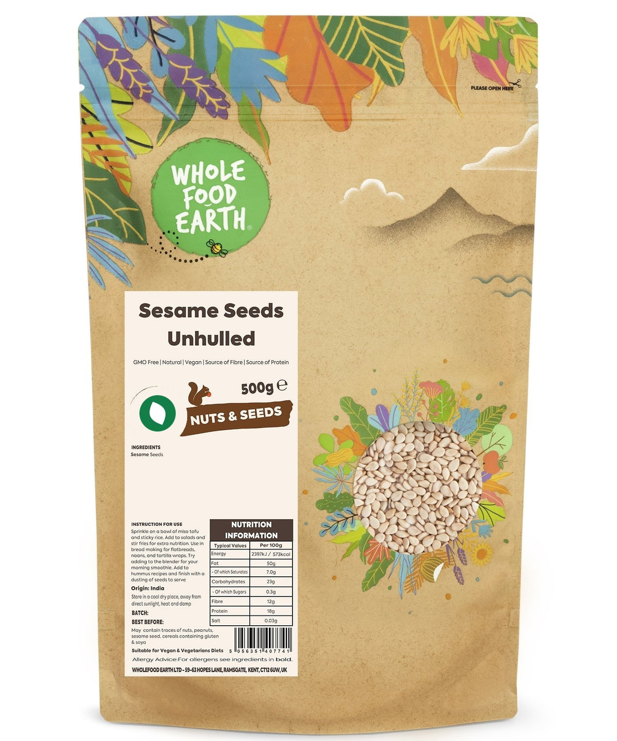 Unhulled sesame seeds from Whole Food Earth, showing small, oval seeds with light tan shells, GMO-free, in a clear bowl.