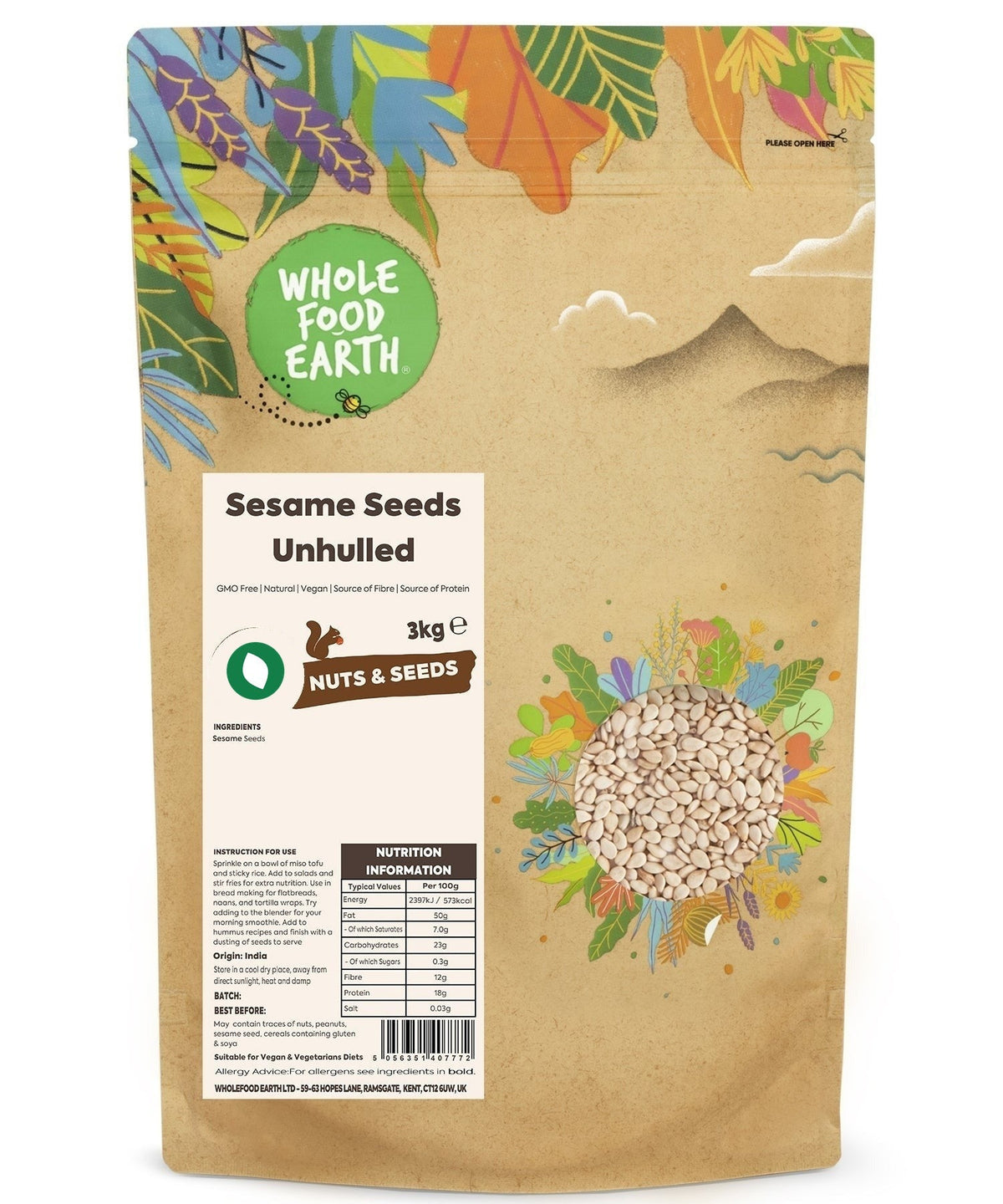 Unhulled sesame seeds from Whole Food Earth, GMO-free, small beige seeds in a clear glass bowl on a wooden surface.