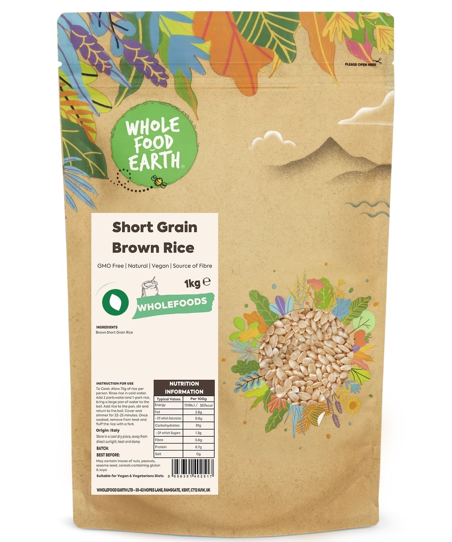 Whole Food Earth short grain brown rice in a clear package, showing the GMO-free label and natural rice grains.