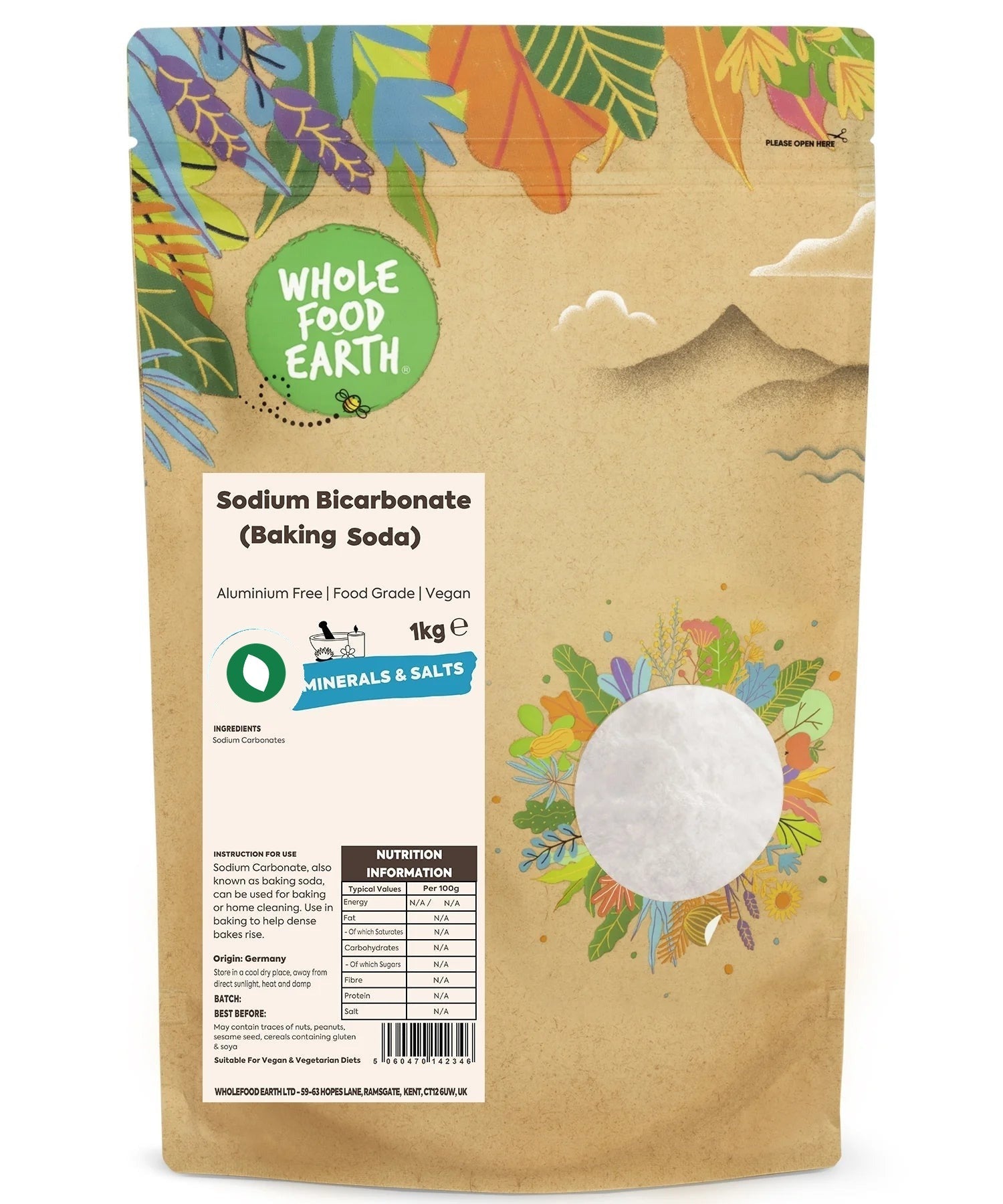 Whole Food Earth sodium bicarbonate baking soda in a clear plastic bag, labeled as minerals and salts for household use.