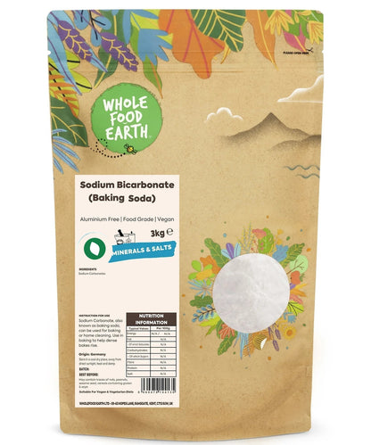 Whole Food Earth Sodium Bicarbonate baking soda in a white mineral salt package, natural mineral and salt product for household use