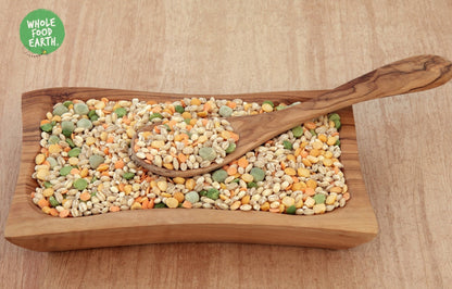 Whole Food Earth vegan soup mix with lentils, peas, and barley, showing the colorful dry beans and pulses in a bowl.