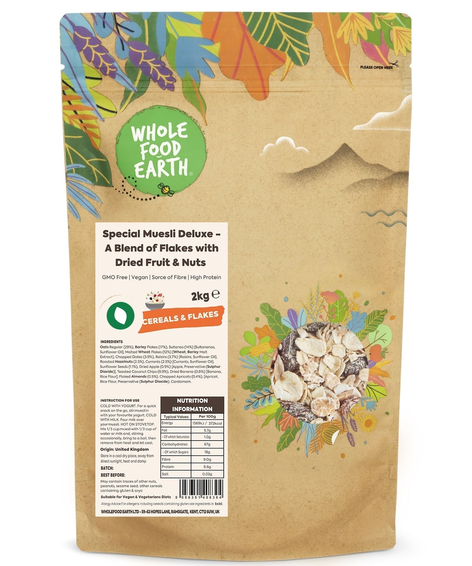 Whole Food Earth Special Muesli Deluxe cereal with flakes, dried fruit, and nuts in a natural, wholesome blend.