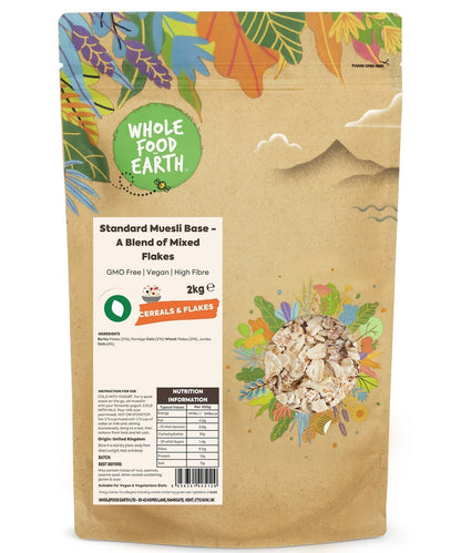 Whole Food Earth Standard Muesli Base cereal with mixed flakes, GMO-free, suitable for breakfast or baking.