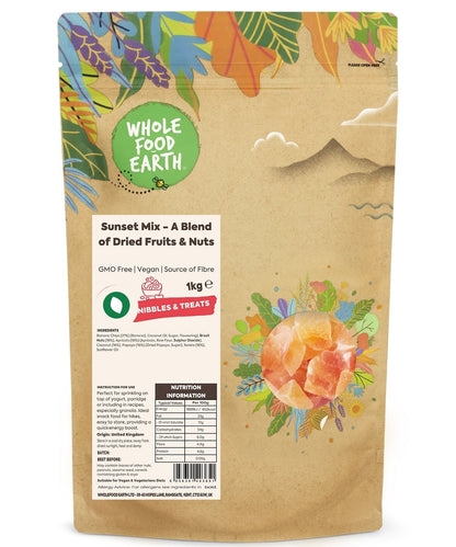 Assorted dried fruits and nuts in Sunset Mix by Whole Food Earth, GMO-free specialty snack blend.