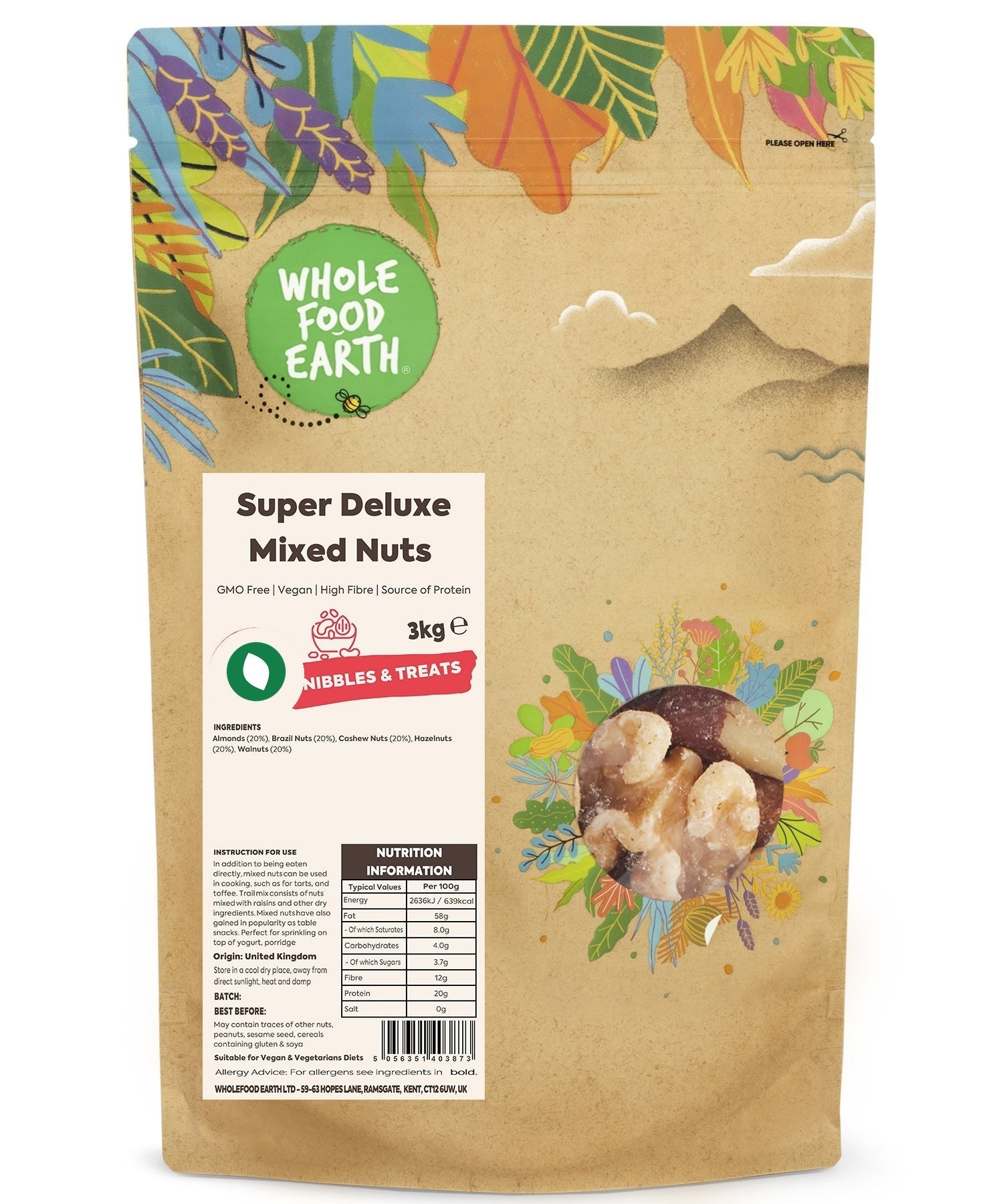 Mixed nuts from Whole Food Earth, featuring a variety of GMO-free nuts and seeds in a colorful, natural display.