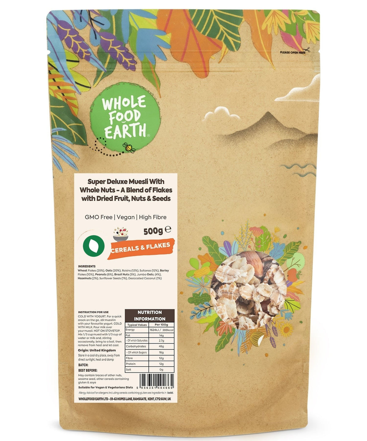 Whole Food Earth Super Deluxe Muesli with whole nuts, dried fruit, seeds, and flakes in a bowl, ready to serve as healthy cereal.