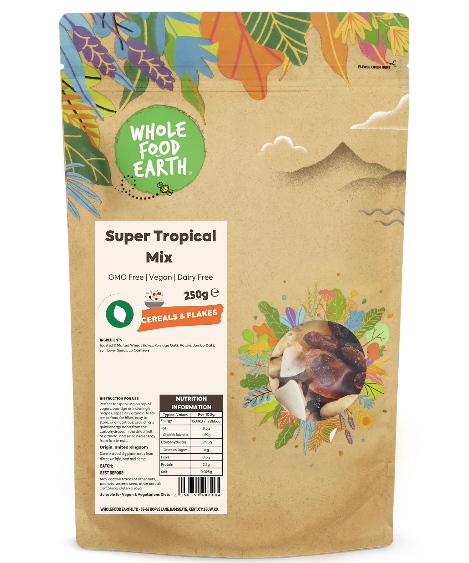 Whole Food Earth Super Tropical Mix cereal in a bowl, featuring colorful tropical grains and nuts, GMO-free and vegan.