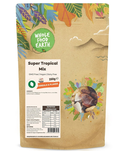 Whole Food Earth Super Tropical Mix cereal in a bowl, featuring colorful tropical grains and nuts, GMO-free and vegan.