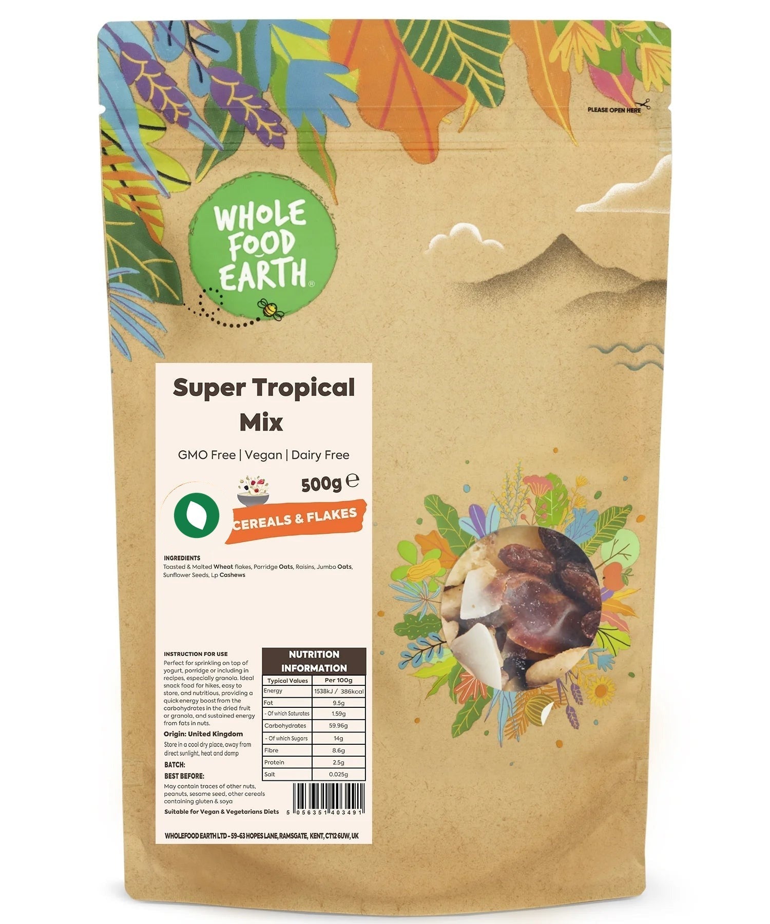 Whole Food Earth Super Tropical Mix cereal box featuring colorful tropical fruit images on a white background.