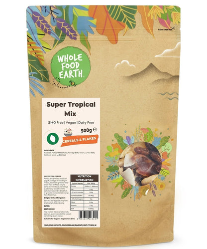 Whole Food Earth Super Tropical Mix cereal in a bowl, featuring colorful tropical grains and nuts, GMO-free and vegan-friendly.