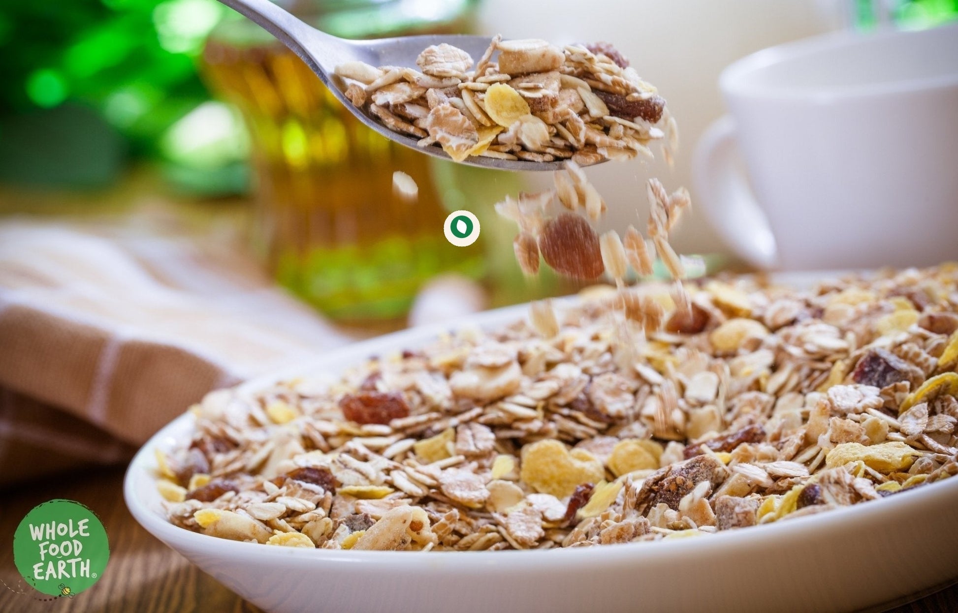 Whole Food Earth Swiss Style Muesli cereal with flakes, dried fruit, and nuts in a natural, wholesome breakfast mix.