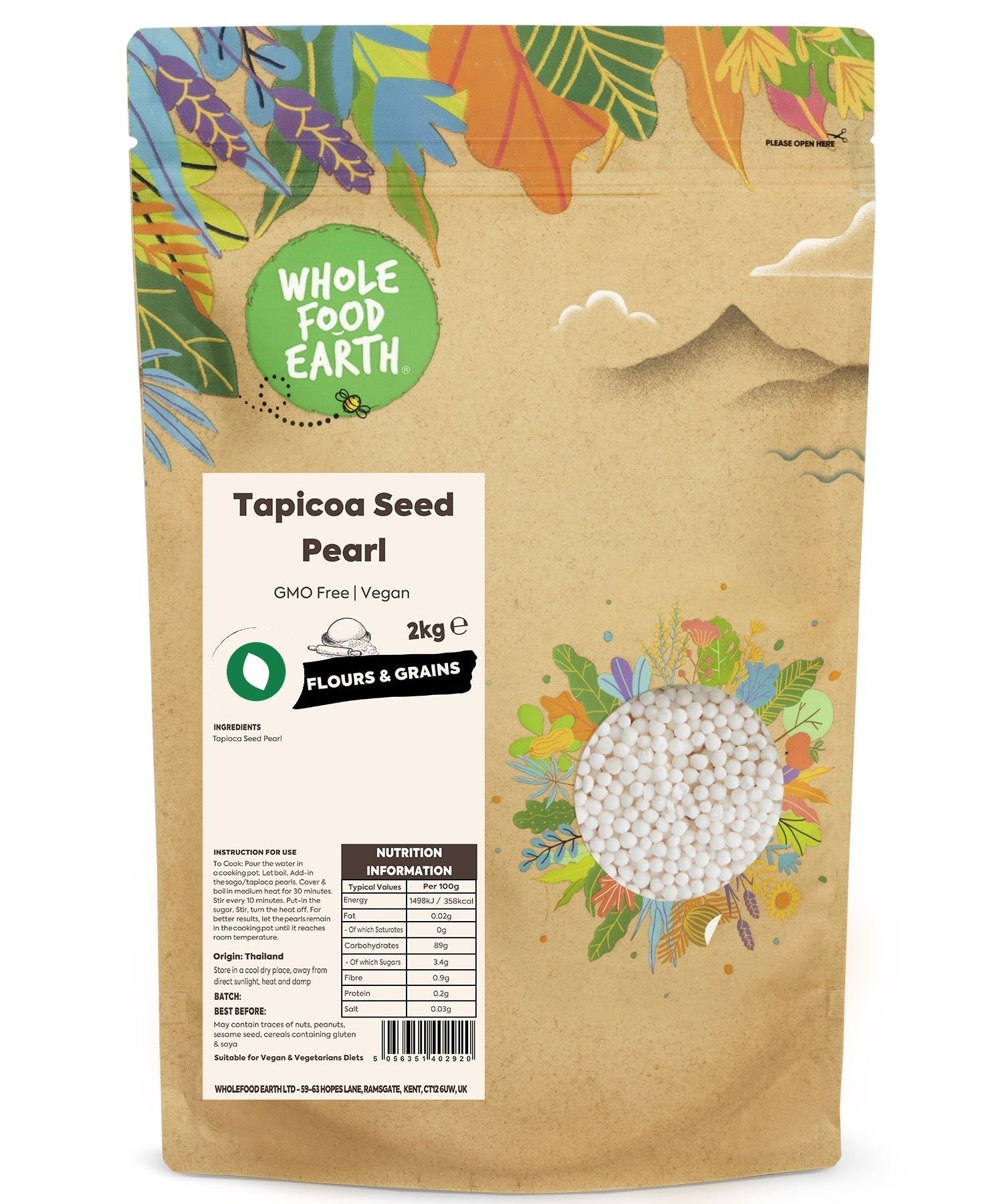 Whole Food Earth tapioca seed pearls, GMO-free vegan grains, close-up of round, translucent tapioca pearls in a natural setting.