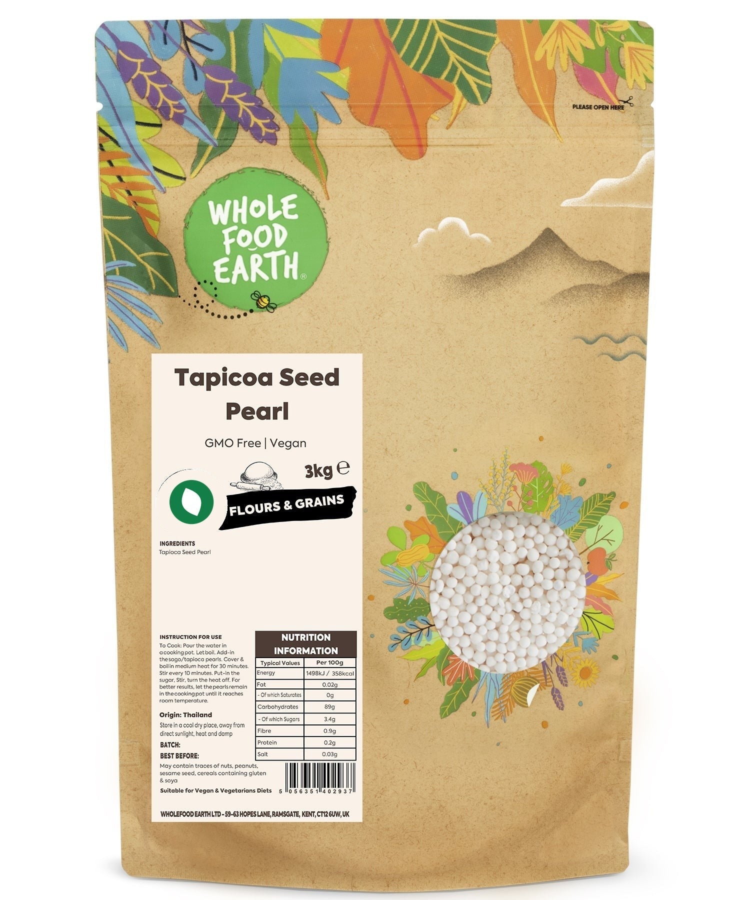 Whole Food Earth tapioca seed pearls in a clear container, GMO-free, vegan-friendly gluten-free grain or flour.