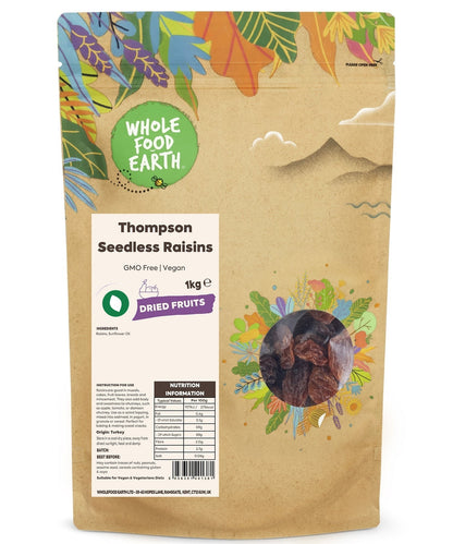 A close-up of Whole Food Earth Thompson Seedless Raisins, GMO-free dried fruit with golden, plump raisins on a white background.