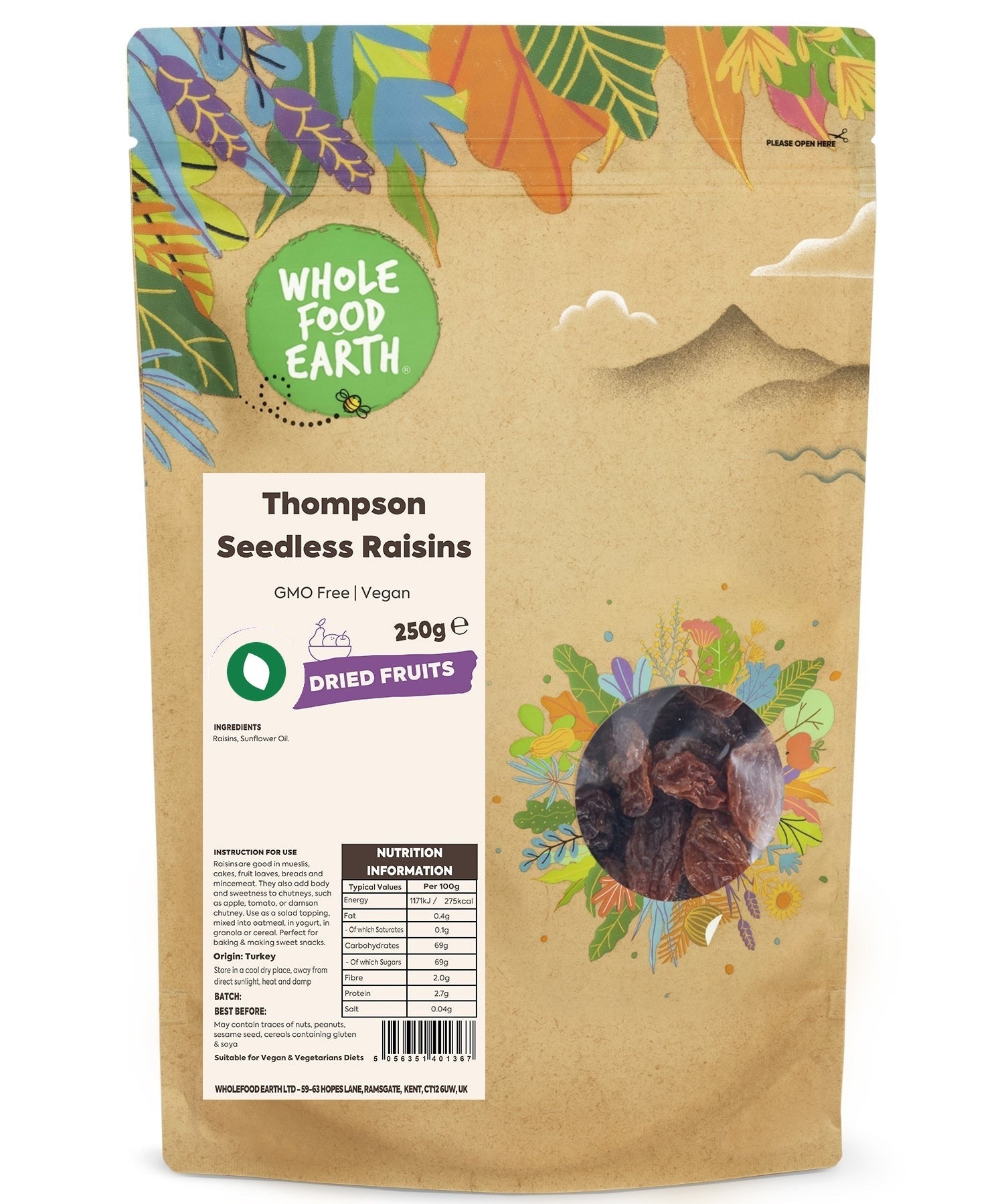 Whole Food Earth Thompson Seedless Raisins, dried fruit with plump, golden grapes, GMO-free, ideal for snacking or baking.