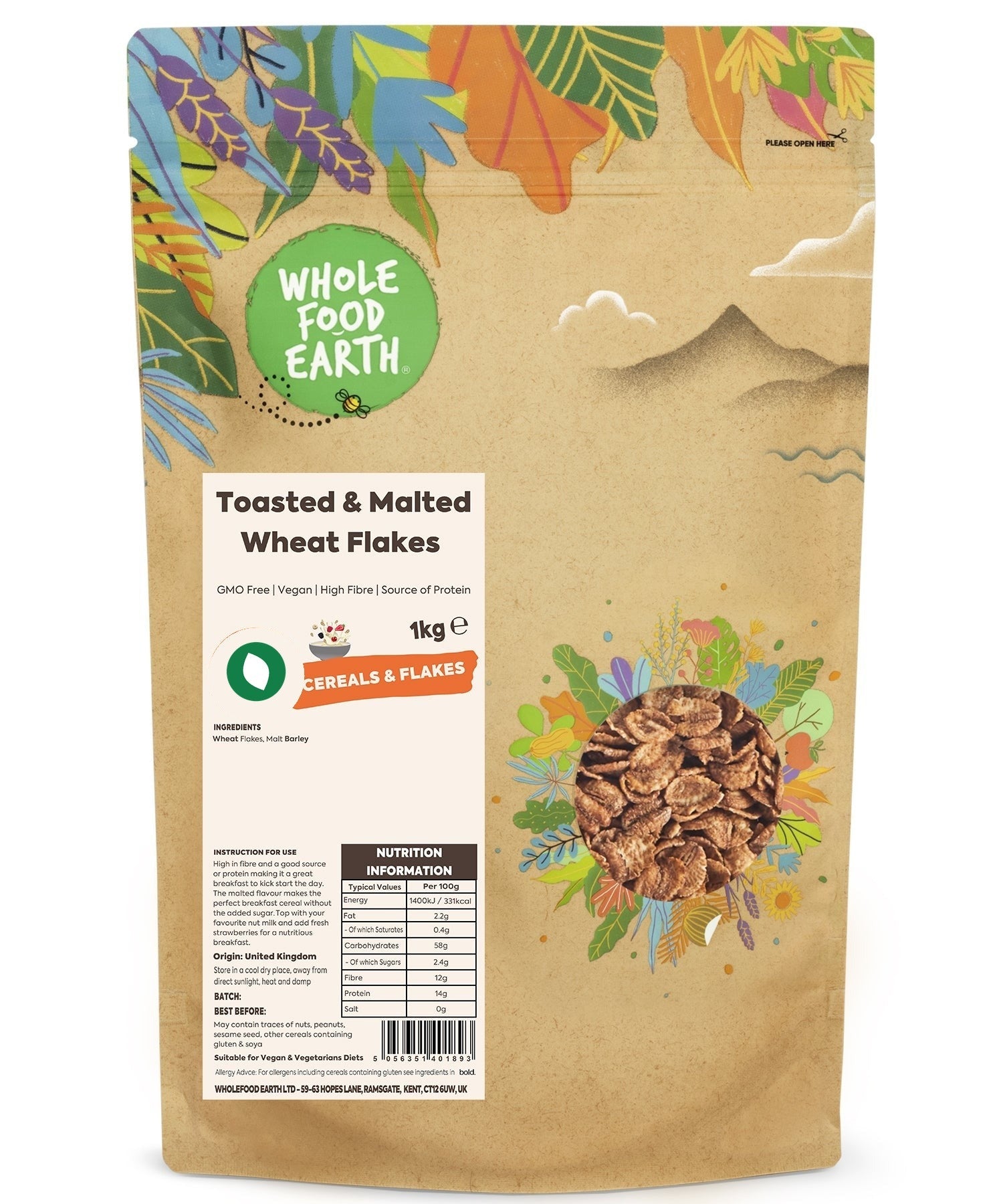Whole Food Earth toasted malted wheat flakes cereal in a bowl, showing golden, crispy cereal pieces with a textured surface.