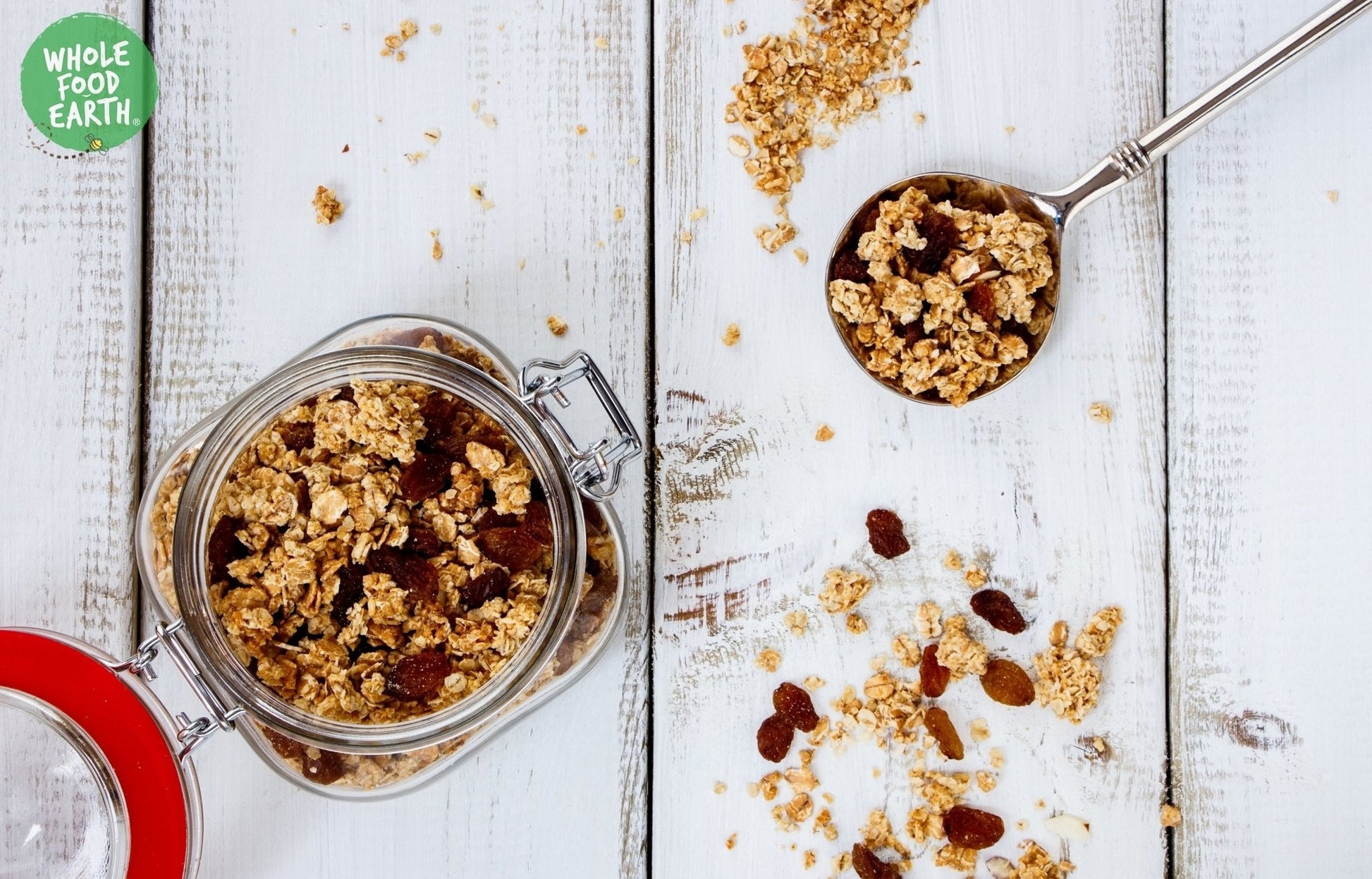 Whole Food Earth toasted oats cereal in a bowl, GMO-free, vegetarian, dairy-free, with no added sugar, natural whole grain breakfast option
