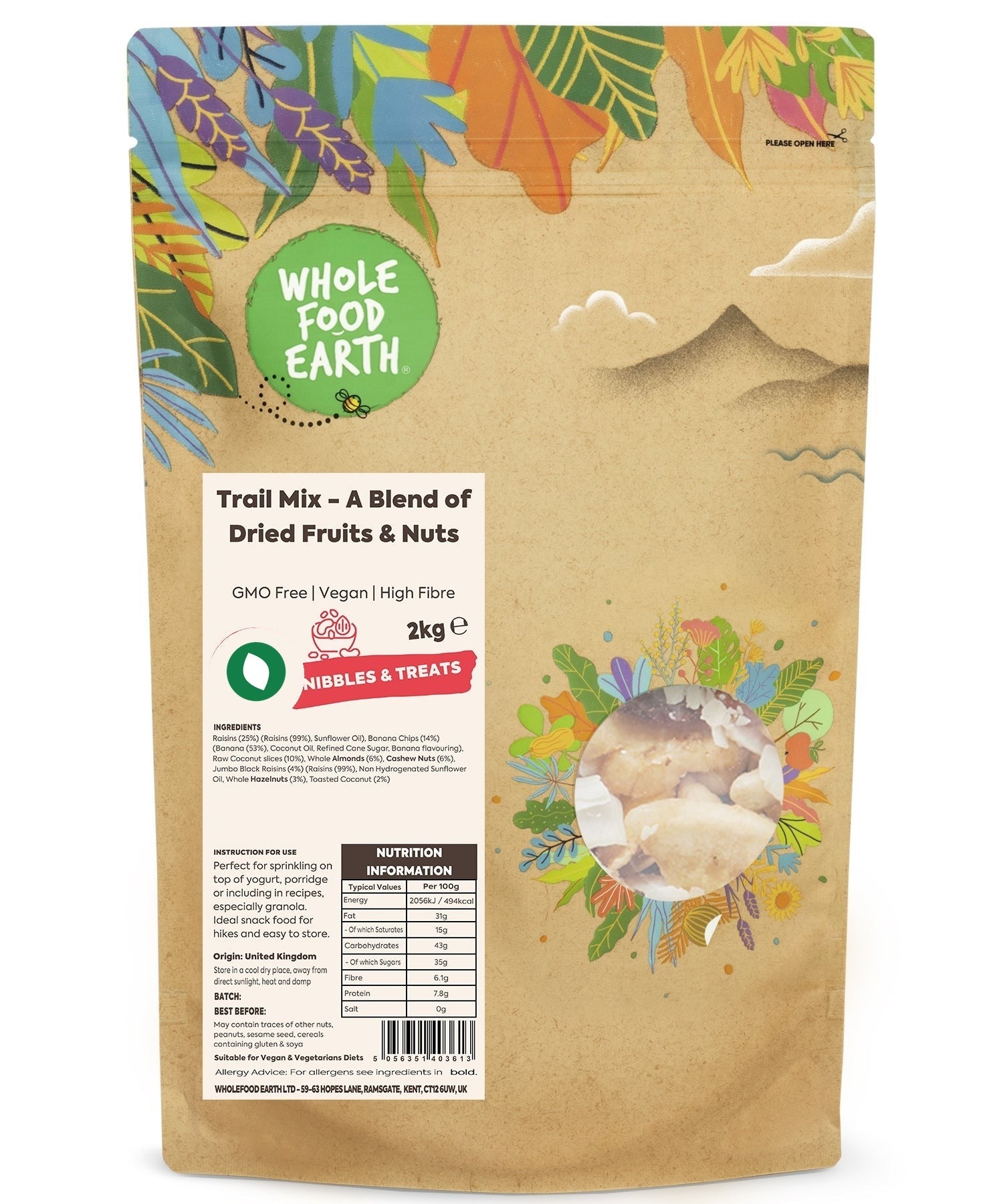 Whole Food Earth trail mix with dried fruits and nuts, GMO-free specialty snack in a natural mix.
