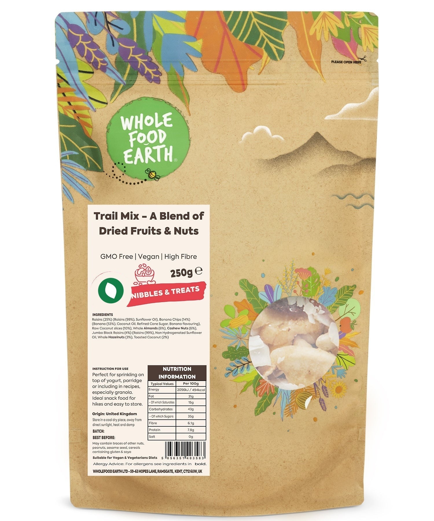 Whole Food Earth trail mix with dried fruits and nuts, GMO-free specialty snack in a clear package.
