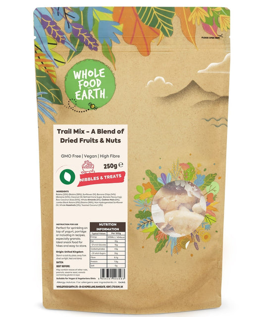 Whole Food Earth trail mix with dried fruits and nuts, GMO-free specialty snack in a clear package.