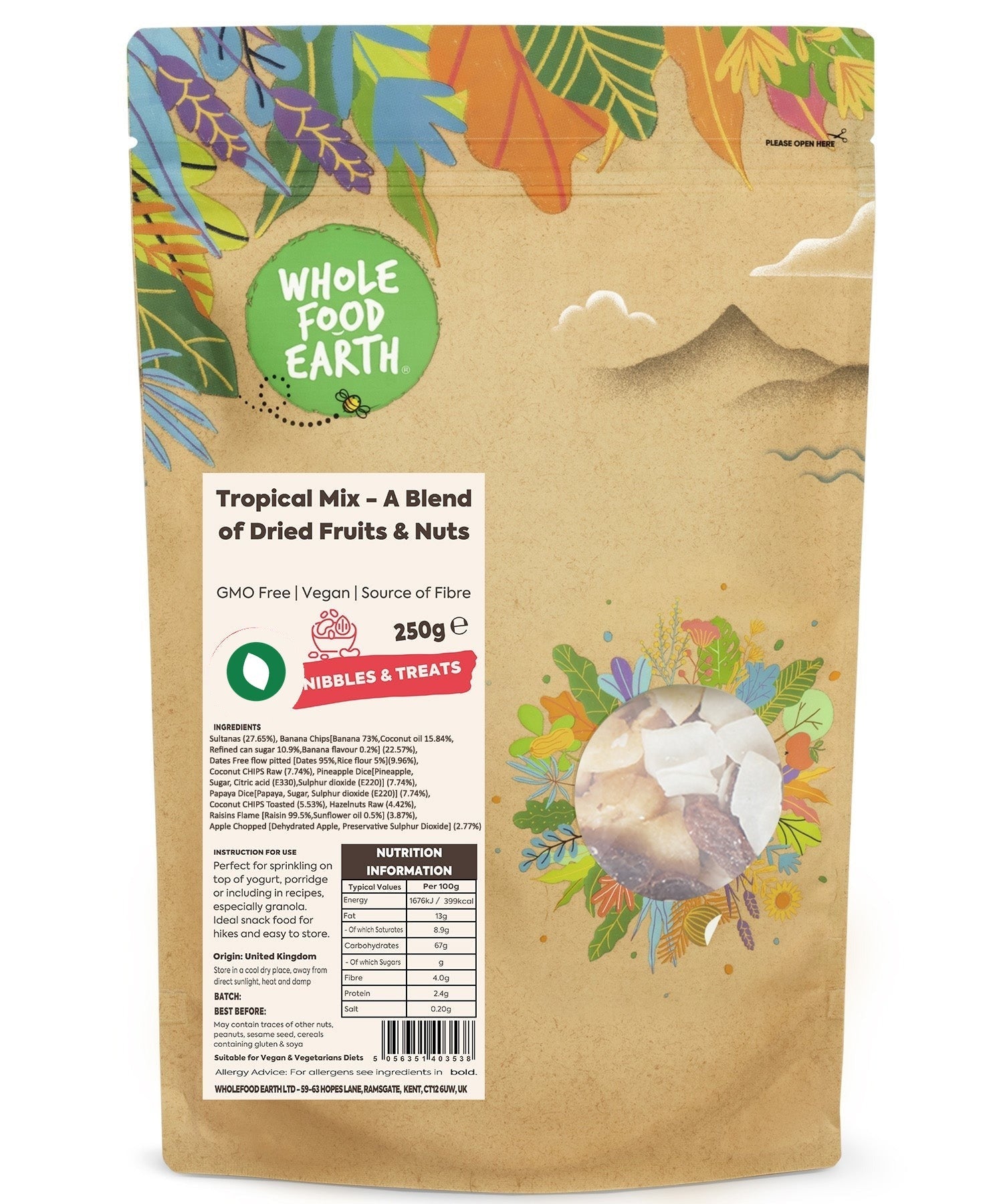 Tropical Mix with dried fruits and nuts in a 250g package, natural specialty blend by Whole Food Earth