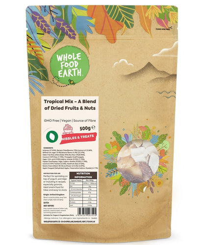 Tropical Mix of dried fruits and nuts by Whole Food Earth, showcasing a colorful blend of dried tropical fruits and crunchy nuts.