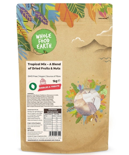 Whole Food Earth Tropical Mix with dried fruits and nuts in a resealable bag, showcasing colorful dried fruit pieces and nuts.