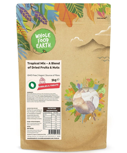 Whole Food Earth Tropical Mix with dried fruits and nuts in a 250g package, natural and GMO-free snack blend.